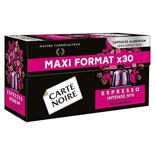 Carte Noire, Espresso Intense, Nespresso kompatible Aluminiumkapseln, 1er Pack mit 30 Kaffeekapseln, 100% Arabica, getrocknete Früchte und Schokoladennoten, Intensität 9/10, reichhaltiger und dauerhafter Geschmack