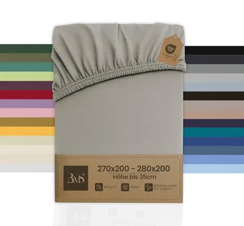 Bettwaesche-mit-Stil Familienbett Spannbettlaken Jersey Spannlaken Spannbetttuch (270x200-280x200 cm, Matratzenhöhe bis 35cm, Dunkelgrau) Gewicht: 180g/m², 90% Baumwolle 10% Elasthan
