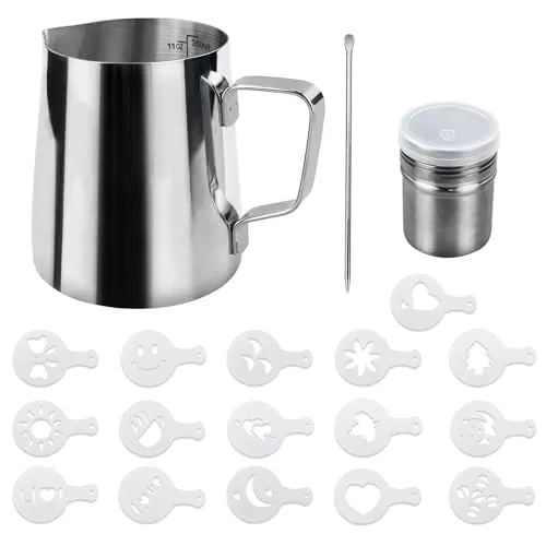 Milchaufschäumkännchen, 350 ml, 12 Unzen, Edelstahl-Milchkännchen, Barista-Milchkännchen und Latte-Dekorationskunststift für die Zubereitung von Kaffee, Cappuccino, Milchaufschäummaschine, Kaf