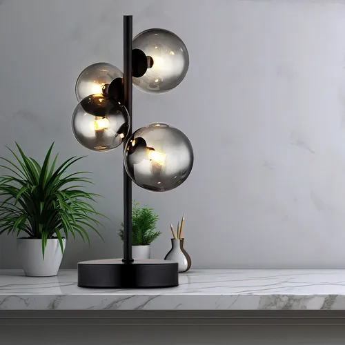 Dekorative LED Tischleuchte mit Rauchglas-Kugeln - Tischleuchte aus Metall und Glas, 48 cm hoch, mit 4 warmweißen LED-Leuchtmitteln. Ein stilvolles Design, das jeden Tisch zum Blickfang macht!