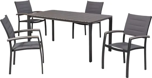 MERXX Garten-Essgruppe Pisa, 5-tlg. Set mit 4 Stapelsesseln und Tisch - Stylisches 5-teiliges Gartenmöbelset in Graphit für gesellige Stunden im Freien. Komfortable, stapelbare Sessel mit Holzoptik und ein großzügiger Tisch bieten eine einladende Atmosphäre in Ihrem Außenbereich.