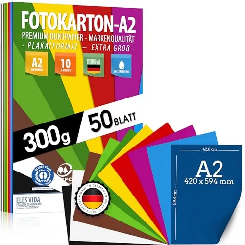 Blatt BUNTES PAPIER DIN A2-300g/m² Fotokarton Set 10 Farben - Bastelpapier & Farbige Blätter Pappe, Kinder & DIY Bogen, Zubehör Basteln Fotoalbum - BLAUER ENGEL zertifiziert - MADE IN GERMANY 50