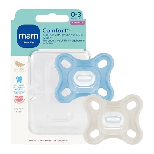MAM Comfort Schnuller für Frühgeborene | 0-3 Monate | 100% Silikon | blau/beige | 2 Stück