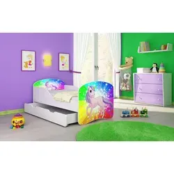 ACMA I Jugendbett Kinderbett Junior-Bett Komplett-Set mit Matratze Lattenrost Weiß 18 Pony Regenbogen 160x80 + Bettkasten - Weiß