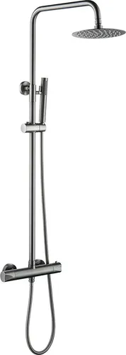 Duschsystem Thermostat-Duschgarnitur mit Kopfbrause und Handbrause - Micro-Drip-Bewässerungssysteme - Hochwertige Duschgarnitur in Grau gebürstet mit komfortablem Thermostat für präzise Temperaturkontrolle und entspannende Regendusche.