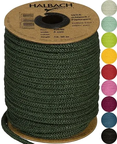 Halbach Seidenbänder Premium Papier Strickschlauch | Breite: 4mm Länge: 30m | Schlauchgarn befüllbar und reißfest, Papiergarn für Namensschilder Kinderzimmer oder zum basteln, Farbe: Tannengrün