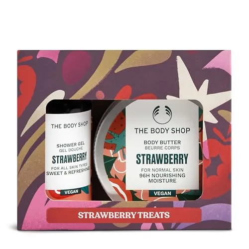 The Body Shop Strawberry Treats Weihnachts-Geschenkset (Duschgel 60 ml + Körperbutter 50 ml), fruchtiges, festliches Duo mit saftigem Erdbeerextrakt, feuchtigkeitsspendende & pflegende Körperpflege