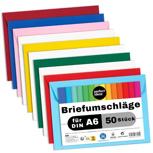 perfect ideaz 50 Briefumschläge C6 bunt selbstklebend ohne Fenster für A6 Karten