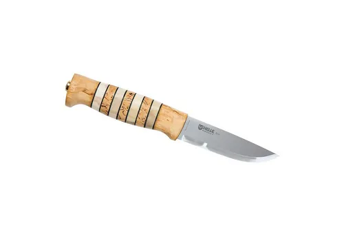 Helle Norway Unisex Outdoormesser aus Dreilagenstahl - Hochwertiges Gürtelmesser mit 8.7 cm Klingenlänge, rostfreier Drop Point Klinge aus Dreilagenstahl und eleganten Horn-Einlagen für Outdoor-Enthusiasten.