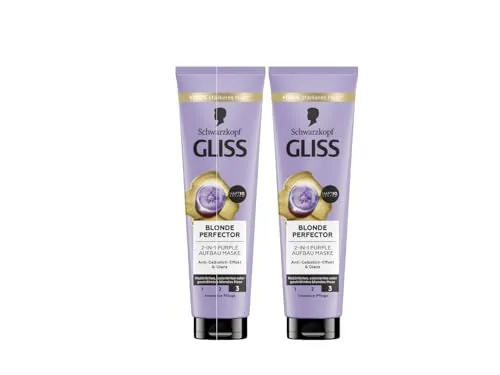Gliss Blonde Perfector 2-in-1 Purple Aufbau Haarmaske (2x 150 ml), Haarkur für natürliches, coloriertes & gesträhntes blondes Haar sorgt für Glanz & Pflege, mit Anti-Gelbstich-Effekt