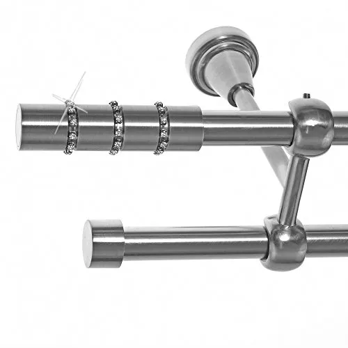 BASIT Gardinenstange I Edelstahl Look Metall Ø 16mm I Vorhangstange I Gardinenstangenset I Deckenbefestigung I 2 läufig mit Deckenmontage I mit Kristall I Länge 400 cm I Design D24 E25 E16
