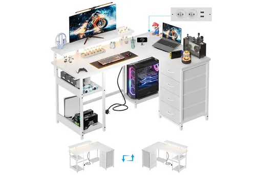 HOMALL Eckschreibtisch 140/160 cm mit Schubladen und Monitorhalterung - Moderner Eckschreibtisch für Gaming und Büro, ausgestattet mit 4 geschlossenen Fächern und verstellbarer Monitorhalterung. Ideal für effizientes Arbeiten und Spielen, inklusive 30 Tage Rückgaberecht und 2 Jahre Garantie.