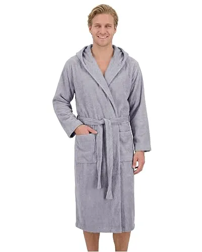 LAYNENBURG Herren Bademantel Frottee 100% Baumwolle mit Kapuze (XL grau) - Hochwertiger Bademantel aus 100% Baumwolle, besonders weich und saugstark. Ideal für Sauna oder entspannte Stunden zuhause. Mit Kapuze, Bindegürtel und Taschen für optimalen Tragekomfort.