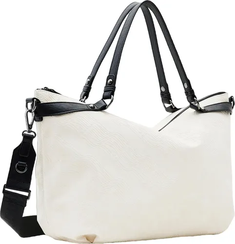Desigual Women's Bag LOGORAMA LIBIA 1008 BEIGE Crude, White - Damen-Schultertasche mit einzigartigen Relief-Logos und stylischen schwarzen Reißverschlüssen, ideal für modebewusste Frauen.