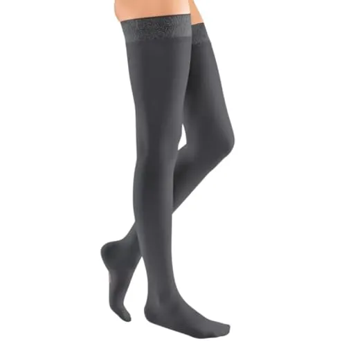 medi mediven elegance - 0260A15 Damen Kompressionsstrümpfe - Oberschenkellange Kompressionsstrümpfe mit geschlossener Spitze, CCL2, Trikotrand in Anthrazit, ideal für verbesserte Durchblutung und Unterstützung bei sportlichen Aktivitäten.