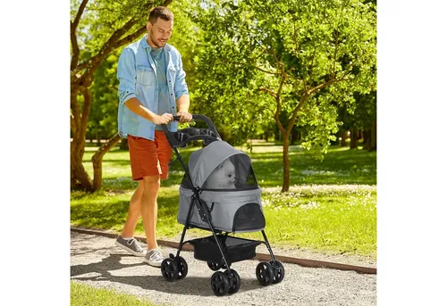 PawHut Hundebuggy mit Klappfunktion, (Haustierwagen, 1-tlg), für kleine Hunde und Katzen, Oxford Grau 67 x 45 x 96 cm