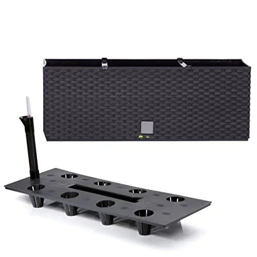 Pflanzkübel rechteckig Blumentopf Pflanzkasten 51,5 cm 17 L Anthrazit dunkel Grau Blumenbank in Rattan-Optik Rato Serie mit Bewässerungssystem