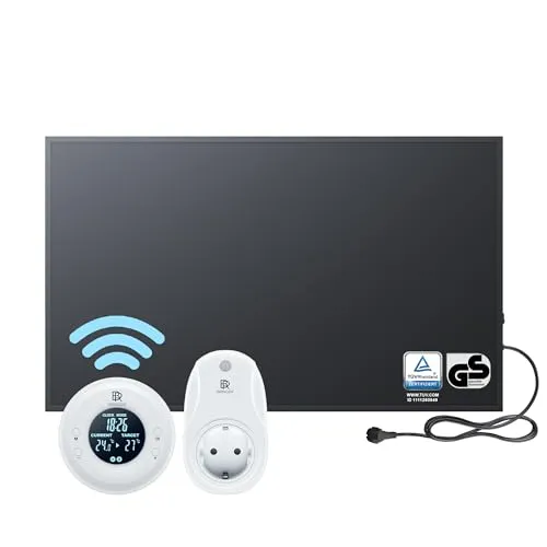 BR Bringer Infrarotheizung 600 Watt - Energiesparend mit Thermostat und Fernbedienung - Elektroheizkörper mit schneller Wärmeverteilung, ideal für Asthmatiker. Effizient und umweltfreundlich, inklusive 5 Jahre Garantie und TÜV GS.