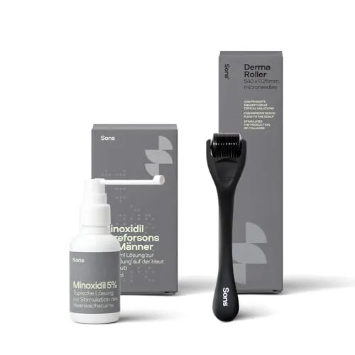 Sons Minoxidil 5% Lösung (1x60ml) mit 0.25mm Derma Roller für Männer bei Haarausfall, Klinisch bewährte Behandlung, für Haarwachstum, präzisem Pumpspender, Microneedling erhöht die Aufnahme, 1 Monat