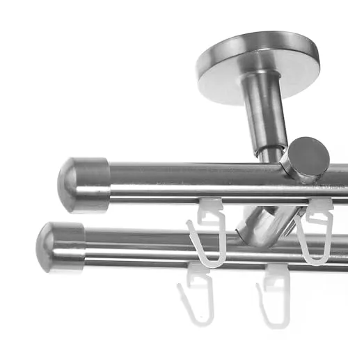 BASIT Innenlauf Gardinenstange 2 läufig Deckenmontage 400 cm lang Edelstahl Look I Vorhangstange mit Schiene 2läufig Ø16mm I 120-600 cm wählbar D80