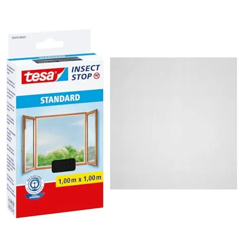 tesa Insect Stop STANDARD Fliegengitter für Fenster - Insektenschutz zuschneidbar - Mückenschutz ohne Bohren - 1 x Fliegen Netz - 100 cm x 100 cm - Anthrazit