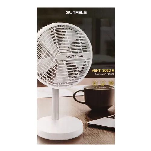 GUTFELS VENTI 3020 R | 20 cm Ventilator mit Akku - Ventilator mit 20 cm Durchmesser, 2 Modi und 10 h Betriebsdauer. Ideal für den Schreibtisch, bietet er flexible Oszillation und verschiedene Geschwindigkeiten für perfekten Luftstrom.