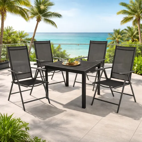 5-teilige Gartengarnitur Anthrazit/Schwarz 90x90cm - Hochwertige 5-teilige Gartengarnitur mit klappbaren Stühlen und großem Tisch für gesellige Runden im Freien. Wetterfest und pflegeleicht, ideal für Terrasse oder Balkon.