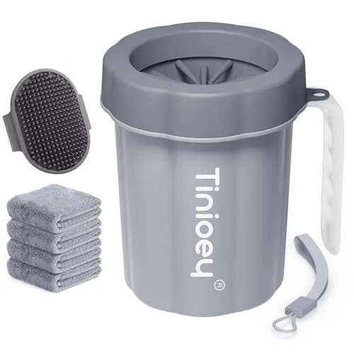 Tinioey Pfotenreiniger für Hunde mit Griff | Inkl.4 Hundehandtücher und Badebürste | Hundepfoten Reiniger/Pfotenreiniger/Sachen | Hundezubehör für Mittlere Kleine Hunde (Grau)