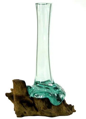 GURU SHOP Vase aus Recycelingglas, Glasvase Wurzelholz - M10 30 cm