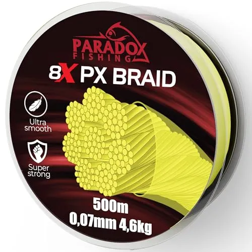 Paradox Fishing 8X PX geflochtene Angelschnur - Chartreuse gelb 500M - Angelschnur mit hoher Tragkraft und Abriebfestigkeit, ideal für Spinnfischen. Spüre jeden Biss dank direktem Kontakt und werfe weiter mit der geschmeidigen PX Ummantelung.