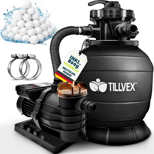 tillvex Sandfilteranlage Pool mit Timer 10 m³/h – Effizienter Poolfilter für klares Wasser - Leistungsstarke Sandfilteranlage mit 7-Wege Ventil und Timer-Funktion. Automatische Reinigung für unkomplizierte Pflege und dauerhaft klares Wasser. Inkl. 800g Filterbälle für optimale Filterleistung.