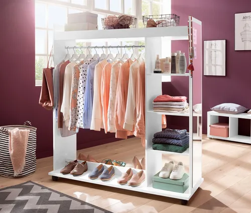 VINNIE Offener Kleiderschrank mit Spiegel auf Rollen - Flexibler Kleiderständer in Weiß - Kleiderschränke - Mobiler Kleiderschrank mit cleverer Inneneinteilung, ideal für flexible Raumgestaltung und schnellen Zugriff auf Ihre Kleidung.