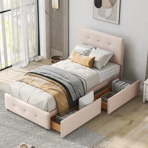 Polsterbett Beige 90x200 mit 2 Schubladen und höhenverstellbarem Kopfteil - Komfortables Polsterbett mit seitlich öffnenden Schubladen und höhenverstellbarem Kopfteil. Inklusive Lattenrost, stabil und modern gestaltet. Ideal für eine praktische und stilvolle Schlafumgebung.