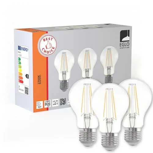 EGLO 3er Set E27 LED Lampen, Glühbirnen klassisch, Leuchtmittel für Retro Beleuchtung, je 7 Watt, warmweiß, 2700 K, transparent, Edison Birne A60, Ø 6 cm