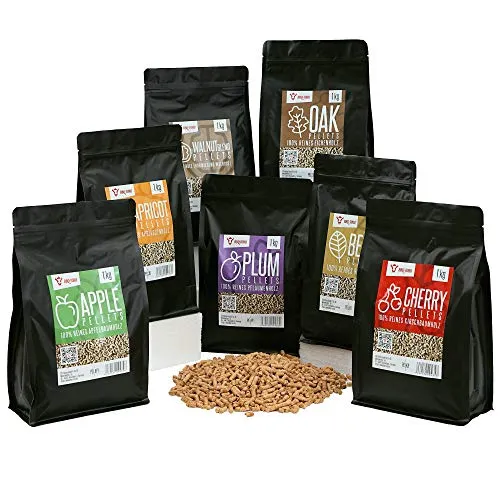 BBQ-Toro Pellets Set aus 100% Holz - Grillpellets für intensiven Rauchgeschmack, ideal für Grill, Smoker und Pizzaofen. 7 Sorten à 1 kg sorgen für vielfältigen Grillgenuss.