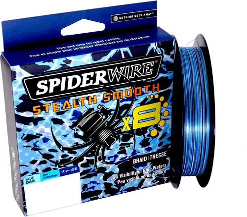 Spiderwire Stealth Smooth8 X8 PE Braid 300m - Angelschnur Blau Camo - Hochwertige 300m Angelschnur aus 8-fach geflochtenem PE-Material. Ideal für Spinnangeln, bietet hohe Wurfweiten und ausgezeichnete Knotbarkeit. Weiches Geflecht für müheloses Angeln in Süß- und Salzwasser.