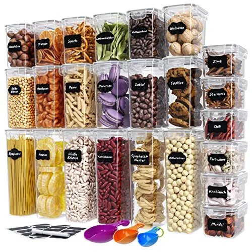 WELLGRO Vorratsdosen Set 24-tlg. mit Etiketten und Messlöffeln - Vorratsdosen-Set, BPA-frei und luftdicht, ideal zur Lebensmittelaufbewahrung mit praktischen Etiketten und Messlöffeln für einfache Organisation.