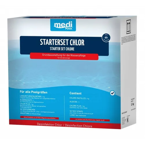 mediPOOL StarterSet-Chlor 3,1 kg - Poolzubehör für optimale Wasserpflege: Enthält Chlor PLUS, Langzeit-MiniChlorTabs, Algenschutz und Teststäbchen. Ideal für sauberes und sicheres Schwimmvergnügen.