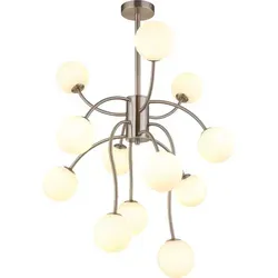 RIHA Deckenlampe 12-flammig mit Glaskugeln - Moderne Deckenleuchte aus mattiertem Nickel mit 12 opalen Glaskugeln für eine stilvolle Atmosphäre. Ideal für Wohn- und Essbereiche mit warmweißem Licht (3000K) und hoher Lichtleistung (310lm).