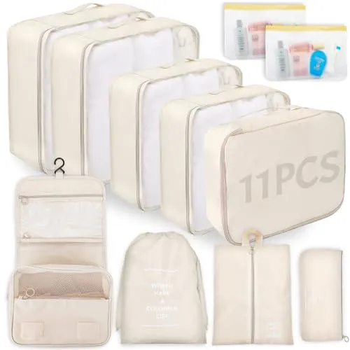 WECUTE Kofferorganizer-Set in Beige, 11-teiliges Packwürfel-Set, wasserdichte Reisetaschen, Urlaubs- und Reiseorganizer (Khaki)