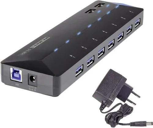 Renkforce 1268678 RF-3806034 DIY USB Hub - USB-Hub mit 7 zusätzlichen USB 3.0 Anschlüssen, bietet schnelle Übertragungsraten von bis zu 5 GBit/s und zwei Schnelladeports für mobiles Laden.