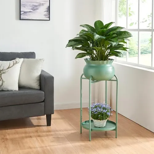 [en.casa] Blumenständer Altena Pflanzenständer mit Blumentopf und Ablage Metall Grün Pflanzenregal 60 x 27 x 27 cm Blumensäule für innen Blumentopfständer