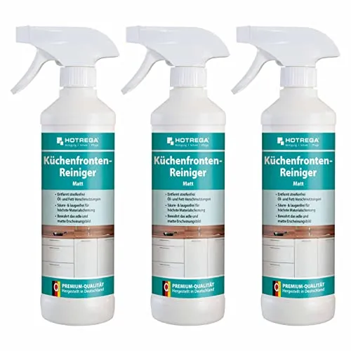 HOTREGA Küchenfronten Reiniger Matt 3x 500 ml - Effektiver Allzweckreiniger für matte Küchenfronten. Entfernt mühelos Fingerabdrücke und Alltagsschmutz, ohne Glanz zu hinterlassen. Ideal für empfindliche Oberflächen.