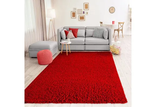 Vimoda Teppich Shaggy, Hochflor-Teppich Wohnzimmer in Rot, Rechteckig, Höhe: 30 mm, Langflor, Läufer, Einfarbig, Schlafzimmer, Kinderzimmer, klassisch