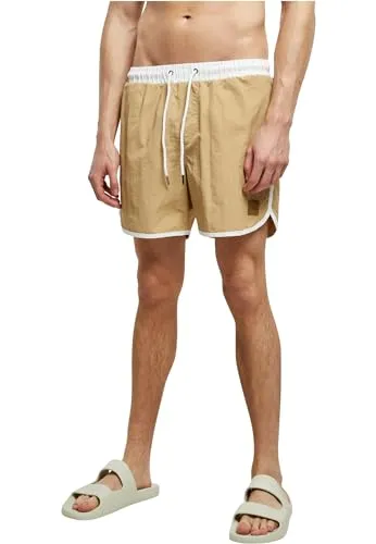 Urban Classics Herren Retro Swimshorts – Schnelltrocknende Badeshorts aus Polyester mit Kordelzug, elastischem Bund & Retro Design, ideal für Strand, Pool & Urlaub,White/Unionbeige,M