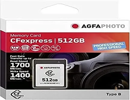 AgfaPhoto CFexpress 512GB Professional High Speed - Speicherkarten für Profis: Mit ultraschneller Lesegeschwindigkeit von bis zu 1.700 MB/Sek und robustem Design ideal für RAW-Videos und schnelle Foto-Sequenzen.
