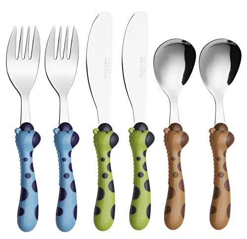EXZACT Kinderbesteck 6 teiliges Edelstahl - Besteck Kinder ab 2 Jahre - 2 x Gabeln, 2 x Sicherheitsmesser, 2 x Esslöffe (Giraffe x 6)