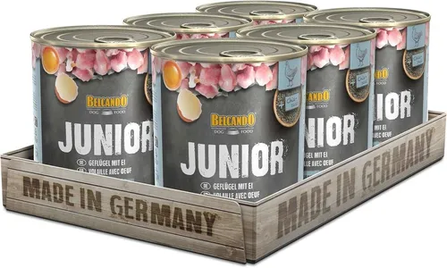 Belcando Junior Geflügel mit Ei - Nassfutter für Hunde 6x800g - Hochwertiges Nassfutter für Welpen und Junghunde. Mit natürlichen Zutaten, proteinreich und leicht verdaulich. Ideal zur Unterstützung von Wachstum und Entwicklung, in praktischen Dosen.