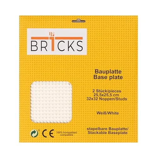 JP BR1CKS Bauplatte, 32x32 (25,5 x 25,5 cm), 2er Set /2 Platten, Kompatibel mit allen führenden Marken, beidseitig bebaubar (weiß)