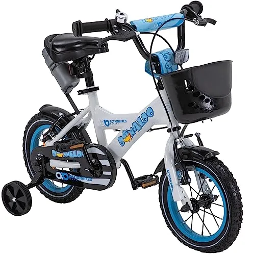 Actionbikes Kinderfahrrad Donaldo - 12 Zoll mit V-Break und Stützrädern - Straßenfahrräder für Kinder - Ideal für kleine Abenteuerer ab 2 Jahren mit coolem Dirtbike-Design und sicherem Fahrgefühl dank abnehmbarer Stützräder und einstellbaren Bremsen.